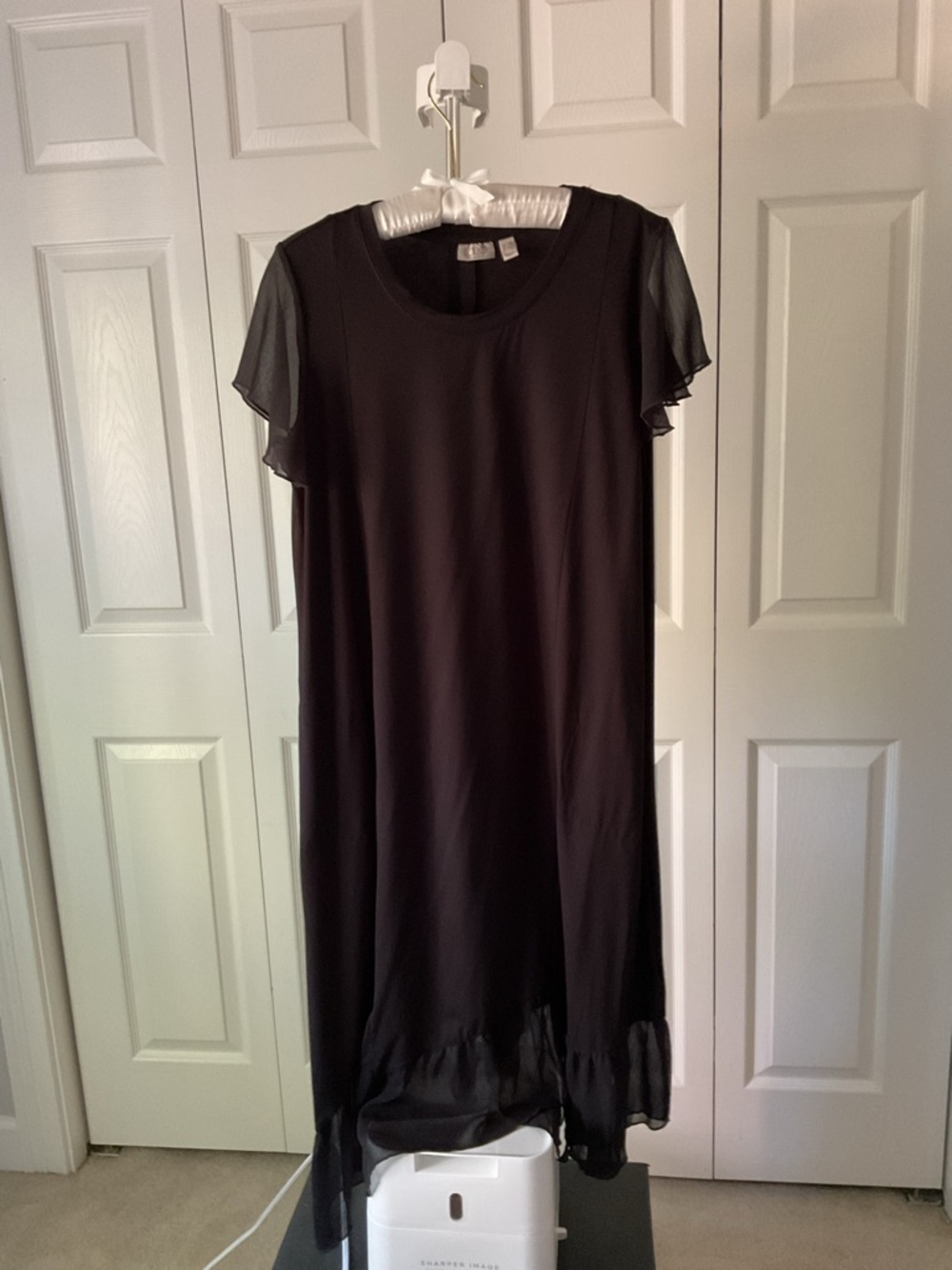 LOGO Black Flutter-Sleeve Midi Dress
